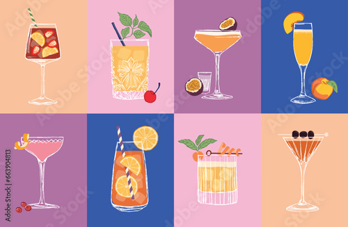 Set of cocktails. An illustration of classical drinks in different types of glasses. Vector illustration of popular cocktails. Banner with soft and alcohol drinks.
