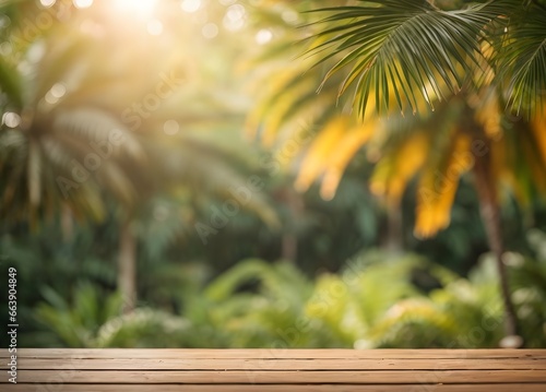 Empty wood table top with blur jungle background with bokeh light. Generative AI.