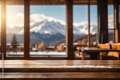 Empty wooden table top with mountain ski hotel and mountains with snow on top of mountains in background with bokeh autumn sunlight. Generative Ai. © kapros76