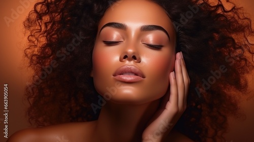 a beautiful stylish mulatto woman with clean fresh skin touches her own face. Facial care. Cosmetology, beauty and spa