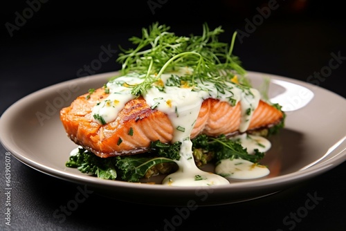 Delicious baked salmon topped with fresh herbs, presented on a white plate. Generative AI