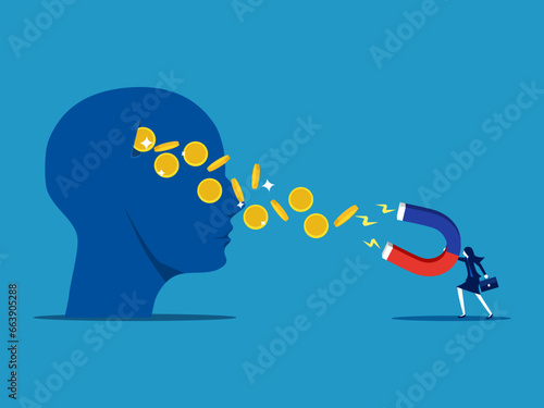 Thoughts about money. Businesswoman uses a magnet to suck money from a big head. Vector