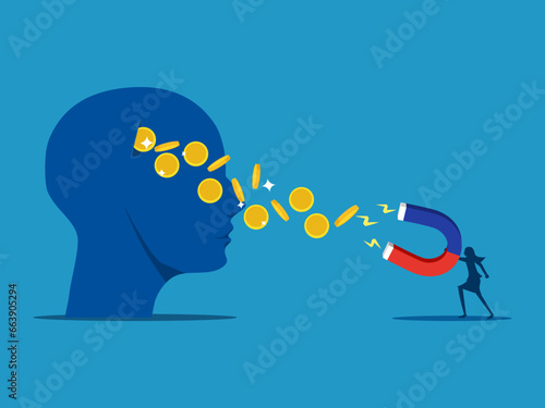 Finance concept. Businesswoman uses a magnet to suck money from a big head. Vector