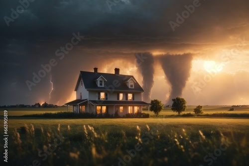 A house in a field with a tornado. ai generative