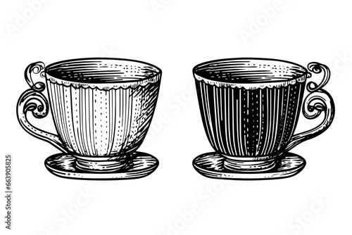 Set of vintage cups or mugs hand drawn ink sketch. Engraved style vector illustration.