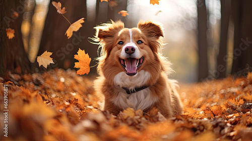A cute dog in autumn leaves
