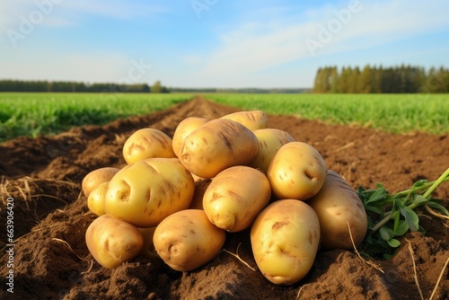 Freshly dug potatoes on the field in the countryside. Selective focus  Freshly picked potatoes on farmer field  healthy organic produce  AI Generated