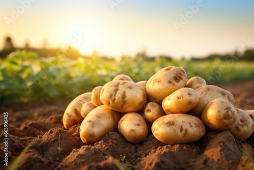 Freshly dug potatoes on a field at sunset. Close-up  Freshly picked potatoes on farmer field  healthy organic produce  AI Generated
