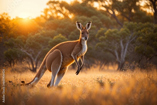 kangaroo in motion at sunset in the bush. ai generative