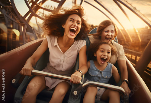 Family with children having fun on amusement park rides.