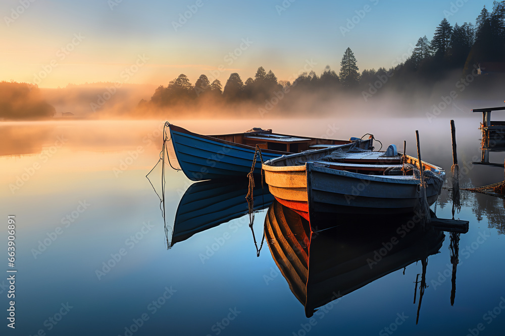 Obraz premium A hauntingly beautiful mist hovers above the water as the sun rises, revealing several boats docked quietly by a wooden pier