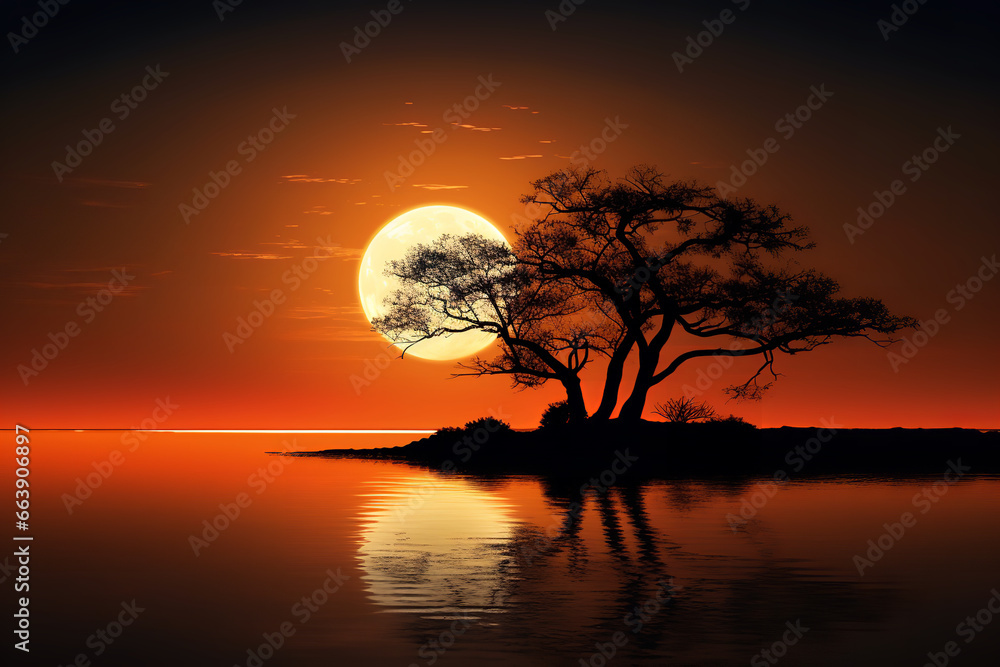 A captivating image of the sun rising over a calm lake, with the silhouette of a ancient trees framing the scene