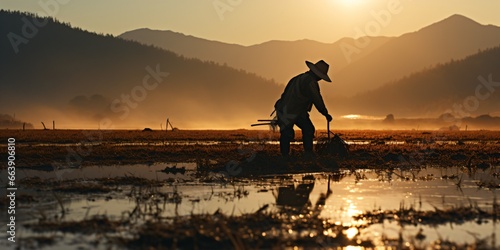 asian rice farmer, sunrise landscape