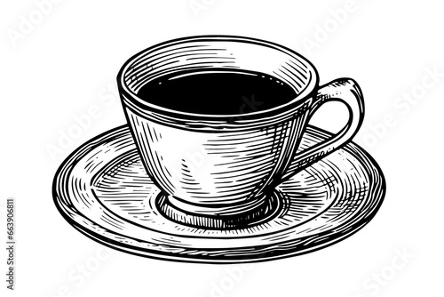 Vintage cup on a plate hand drawn ink sketch. Engraved style vector illustration.