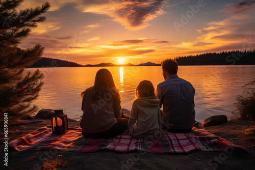 Photo A joyful family gathered around a picnic blanket beside a serene lake, enjoying