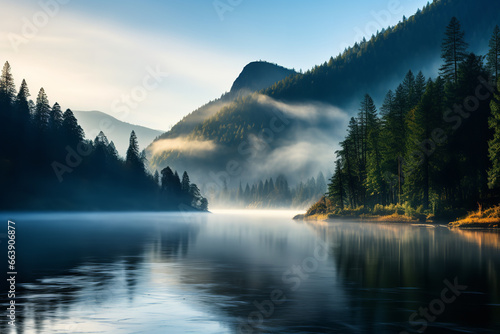 The ethereal beauty of a secluded mountain lake enveloped in morning mist, with the sun just breaking the horizon and casting soft golden light
