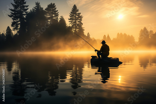 A lone fisherman, standing in his boat, casts his fishing line into the fog-covered waters of a placid lake, just as dawn begins to light up the sky © Davivd