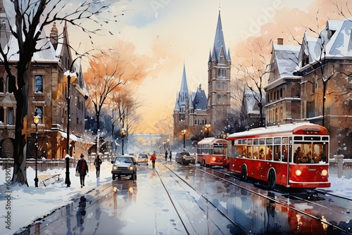 City street in winter. Watercolor illustration