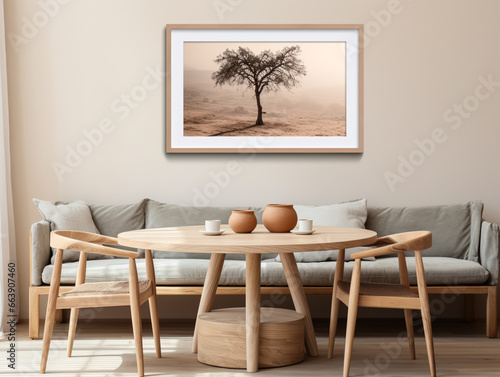 Japandi modern dining room: Round wooden table, rustic chairs, beige sofa by art-framed wall.