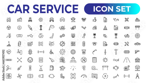 Car service icon set with editable stroke and white background. Auto service, car repair icon set. Car service and garage.