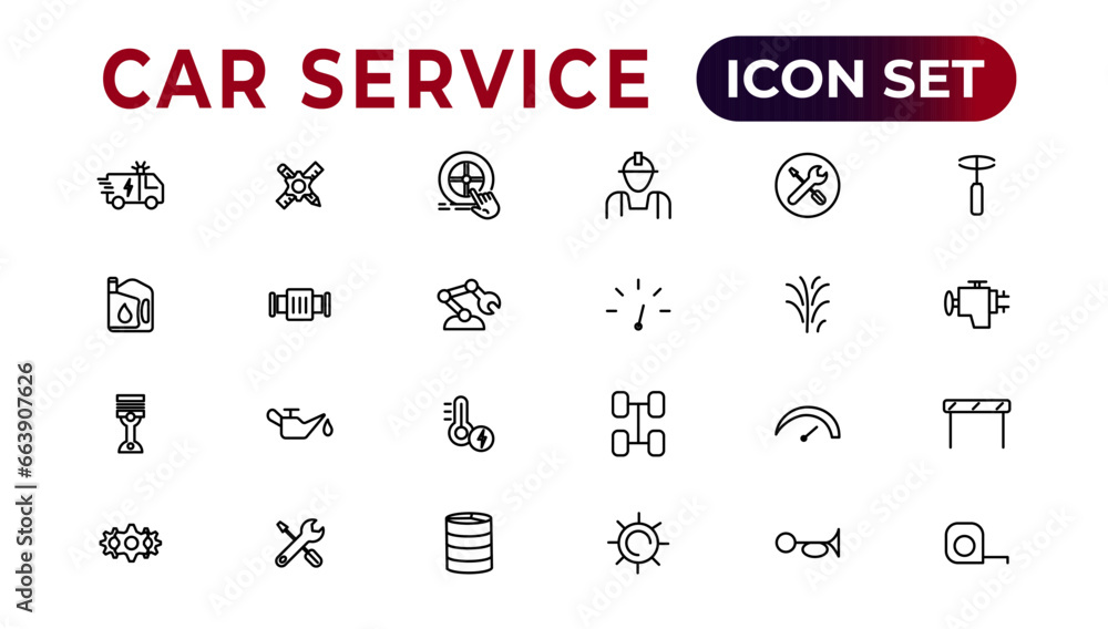 Car service icon set with editable stroke and white background. Auto service, car repair icon set. Car service and garage.