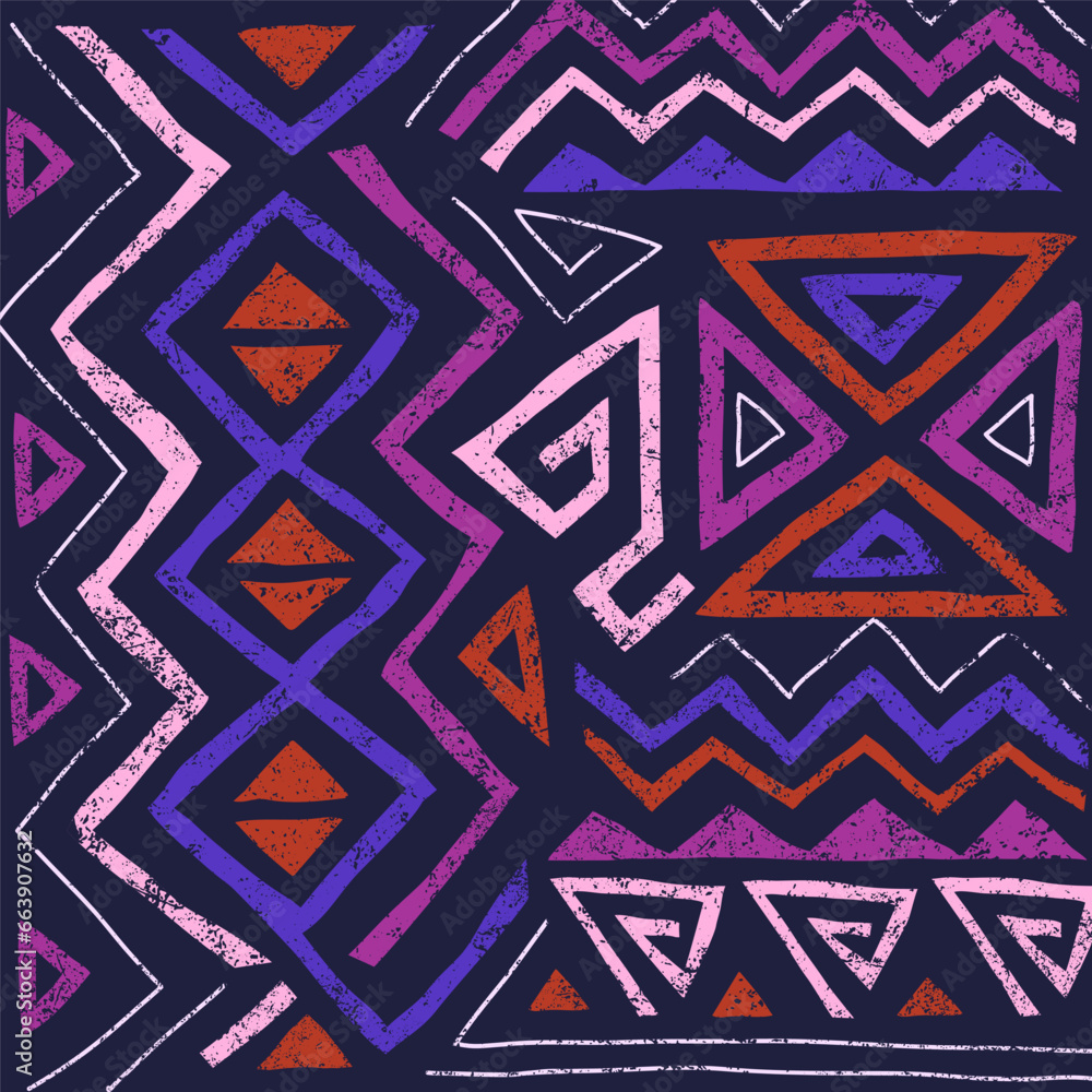 African ethnic seamless pattern in tribal style. Trendy abstract geometric background with grunge texture. Unique design elements for textile, banner, cover, wallpaper, wrapping African ethnic seamless pattern in tribal style. Trendy abstract geometric background with grunge texture. Unique design elements for textile, banner, cover, wallpaper, wrapping