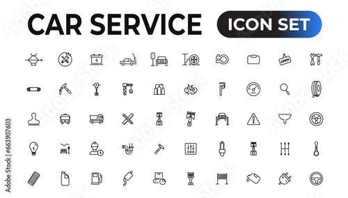 Car service icon set with editable stroke and white background. Auto service, car repair icon set. Car service and garage.