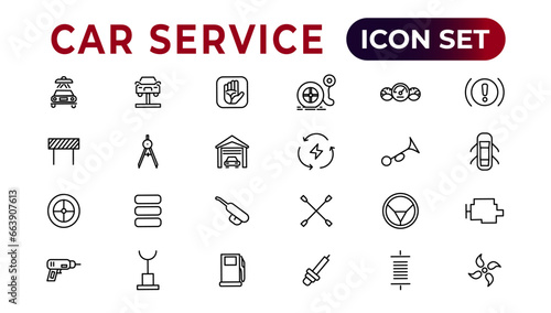 Car service icon set with editable stroke and white background. Auto service, car repair icon set. Car service and garage.
