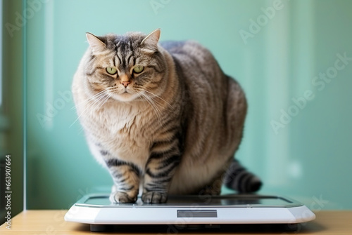 A fat cat stands on the scales. © Svetlana Rey
