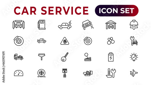 Car service icon set with editable stroke and white background. Auto service, car repair icon set. Car service and garage.