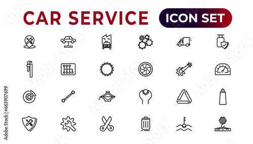 Car service icon set with editable stroke and white background. Auto service, car repair icon set. Car service and garage.