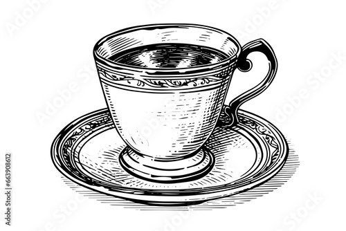 Vintage cup on a plate hand drawn ink sketch. Engraved style vector illustration