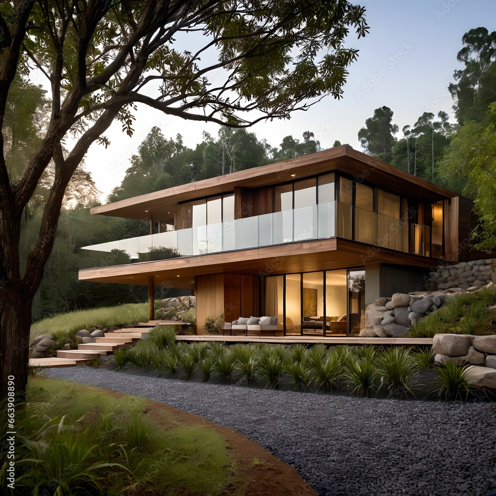 3. Modern building design. Nature-friendly homes decorated with forests. Generative AI.