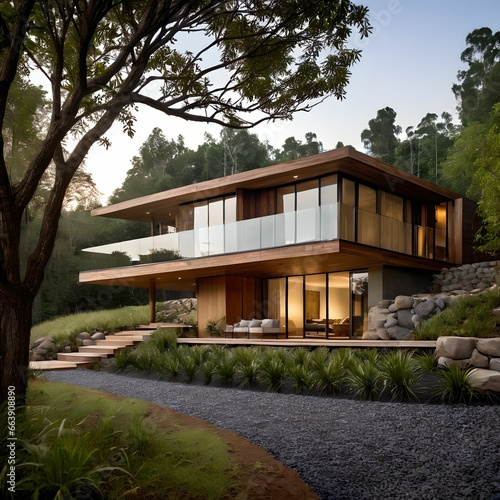 3. Modern building design. Nature-friendly homes decorated with forests. Generative AI.