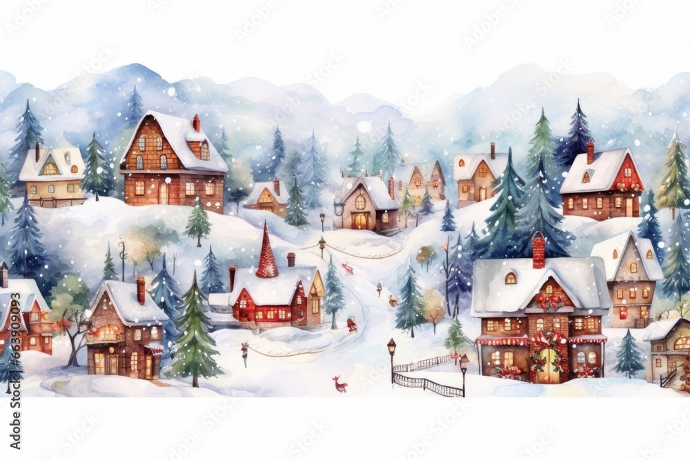Watercolor winter city in snow Christmas card template