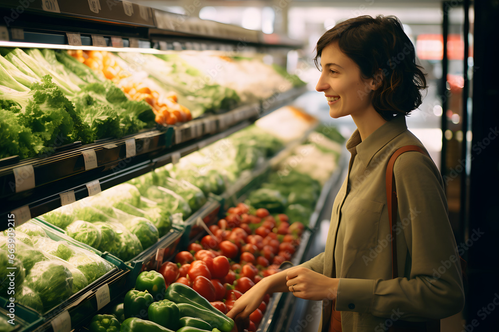 Woman chooses vegetables on the shelves at supermarket.