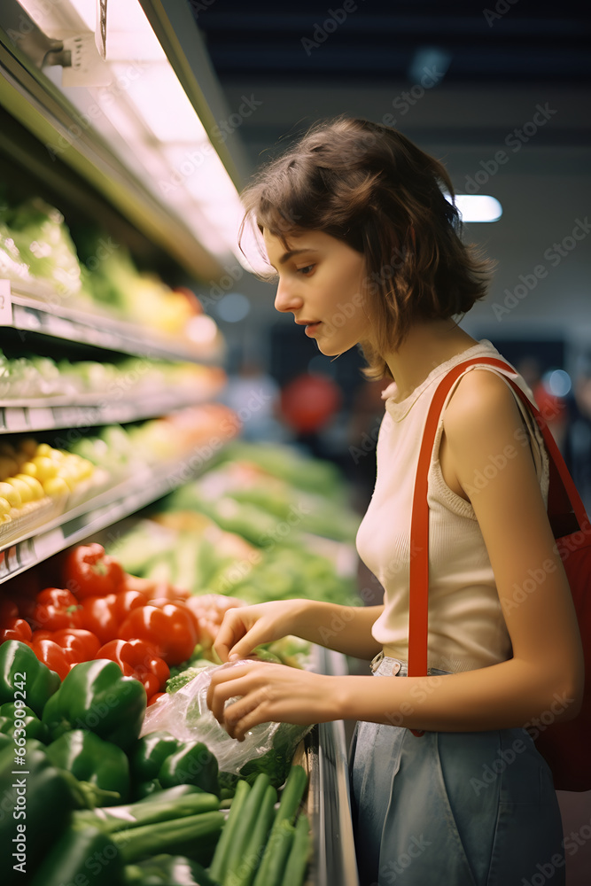 Woman chooses vegetables on the shelves at supermarket.