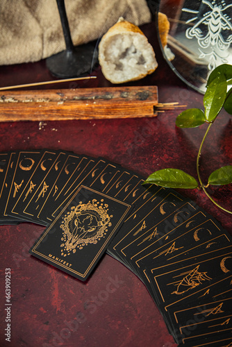 Oracle reading cards on red mat table with candles gemstones plants and encense photo