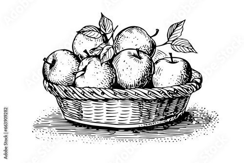 Basket full of apples hand drawn ink sketch. Engraved style vector illustration