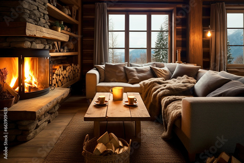 Evening interior of the chalet, decorated with candles