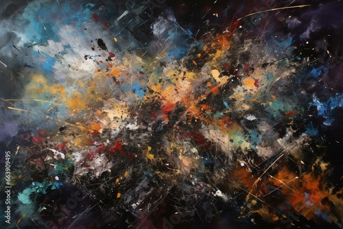 An abstract painting depicting a chaotic space background. Generative AI