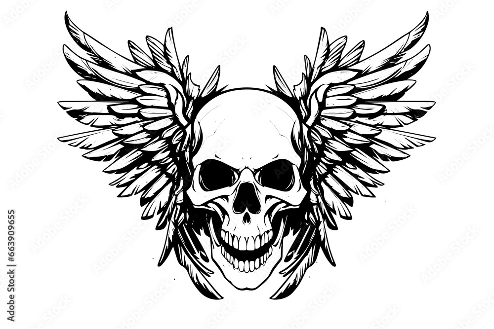 Fototapeta premium Skull with wings hand drawn ink sketch. Engraved style vector illustration