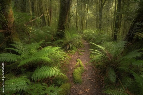 Picturesque rainforest trail. Generative AI