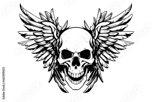Skull with wings hand drawn ink sketch. Engraved style vector illustration