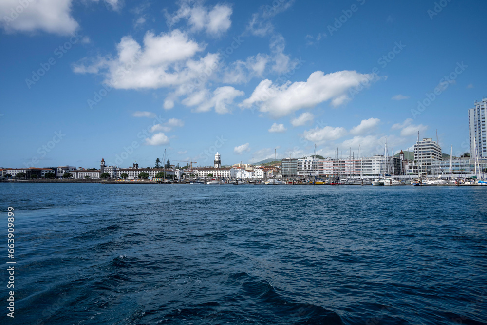 Punta Delgado marina in the Azores seem from a boat