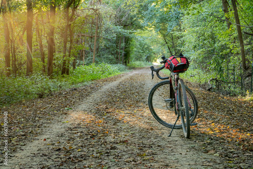 gravel touring bike on Katy Trail near McKittrick, Missouri, in fall sunset scenery