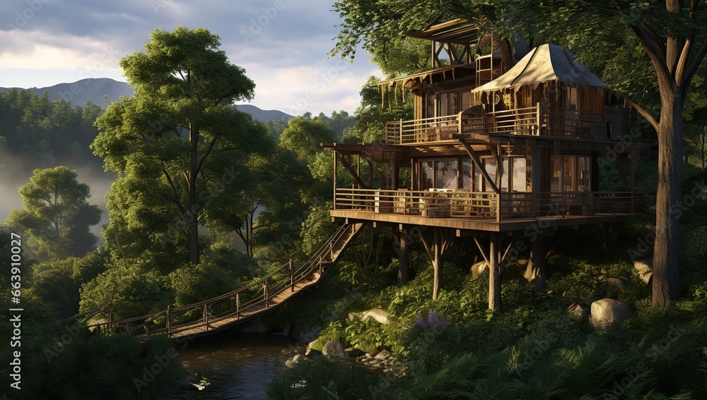 Wooden treehouse amidst dense forest by the river at sunset. Ecolodge house interior.