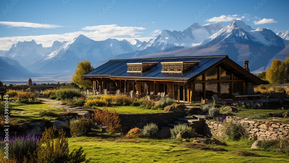 A wooden house with a terrace and blooming garden against a breathtaking mountain backdrop. Ecolodge house interior.
