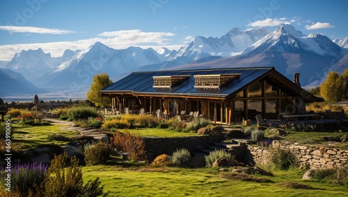 A wooden house with a terrace and blooming garden against a breathtaking mountain backdrop. Ecolodge house interior.