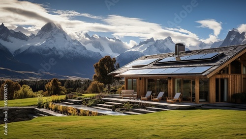Wooden house with solar panels against the backdrop of snow-capped mountains. Ecolodge house interior. photo